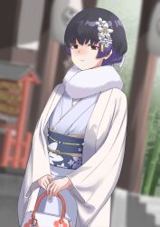 Rule 34 | 1girl, absurdres, bag, bamboo, black hair, blue kimono, blurry, blurry background, breath, brown eyes, closed mouth, day, dutch angle, flower, fur scarf, girls&#039; frontline, hair flower, hair ornament, hair ribbon, hakama, hatsumoude, highres, holding, holding bag, japanese clothes, kimono, looking at viewer, machlian (girls&#039; frontline), mojamozanari, multicolored hair, new year, obi, obiage, obijime, outdoors, purple hair, ribbon, sash, scarf, short hair, shrine, smile, solo, two-tone hair, upper body, white flower, white hakama, white ribbon, white scarf, wide sleeves