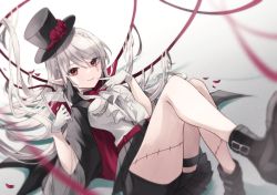 Rule 34 | 1girl, :3, arknights, ascot, bag, black cape, black footwear, black shorts, black skirt, blood, blood bag, boots, bow, bowtie, braid, cape, colored skin, crown braid, gloves, hand to own mouth, hand up, hat, holding, holding bag, legs up, looking at viewer, lying, official alternate costume, on back, red bow, red bowtie, red eyes, saiko (saisaka), scar, scar across eye, shirt, shorts, shorts under skirt, simple background, skirt, solo, stitches, thigh strap, top hat, warfarin (arknights), warfarin (the feast) (arknights), white ascot, white background, white gloves, white hair, white shirt, white skin