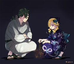 Rule 34 | 1boy, 1girl, alternate costume, blonde hair, blue eyes, closed mouth, fire emblem, fire emblem engage, green hair, gregory (fire emblem), guttary, hair between eyes, hair over one eye, hair ribbon, japanese clothes, kimono, kneeling, looking at another, madeline (fire emblem), nintendo, open mouth, red eyes, ribbon, short hair, wavy hair, yukata