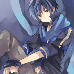 Rule 34 | 1boy, bad id, bad pixiv id, bdsm, blue eyes, blue hair, blue scarf, bondage, bound, bound arms, hands under legs, kaito (vocaloid), male focus, matching hair/eyes, ousaka nozomi, scarf, smile, solo, vocaloid