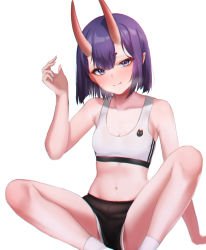Rule 34 | 1girl, bare shoulders, black shorts, blush, bob cut, bra, breasts, closed mouth, collarbone, eyeliner, fang, fate/grand order, fate (series), gadeung hye, highres, horns, knees up, looking at viewer, makeup, navel, oni, pointy ears, purple eyes, purple hair, short eyebrows, short hair, short shorts, shorts, shuten douji (fate), simple background, skin-covered horns, small breasts, smile, solo, sports bra, thighs, underwear, white background, white bra