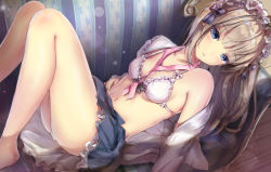 Rule 34 | 1girl, blue eyes, blush, bra, breasts, brown hair, commentary request, hairband, highres, lolita hairband, long hair, looking at viewer, lying, medium breasts, missile228, navel, neck ribbon, on back, open clothes, original, pink neckwear, sketch, skirt, solo, underwear, undone neck ribbon, white bra