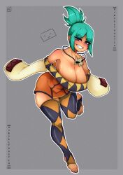 Rule 34 | 1girl, absurdres, blush, breasts, cerebella (skullgirls), cleavage, dark-skinned female, dark skin, fang, full body, green hair, green lips, green nails, grey background, grin, highres, horse girl, jewelry, large breasts, leaning forward, long sleeves, nail polish, necklace, purple eyes, skullgirls, smile, solo, stirrup legwear, subjectsketch, thighhighs, toeless legwear, toenail polish, toenails, wide sleeves