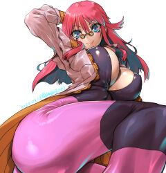 Rule 34 | 1girl, amania orz, arm behind head, blue eyes, bodysuit, breasts, cleavage, dated, feet out of frame, glasses, grey jacket, jacket, large breasts, long hair, red hair, renais cardiff shishiou, simple background, smile, solo, twitter username, white background, yuusha ou gaogaigar, yuusha ou gaogaigar final, yuusha series