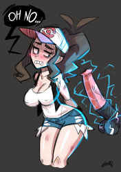 Rule 34 | 1girl, animal penis, artist name, black background, black vest, blouse, blue eyes, blue shorts, blush, breasts, brown hair, covered erect nipples, creatures (company), curvy, disembodied penis, electricity, english text, erection, game freak, gen 5 pokemon, gerph, hat, highres, hilda (pokemon), horse penis, imminent penetration, injury, large breasts, long hair, nintendo, no bra, penis, pokemon, pokemon (creature), pokemon bw, ponytail, shirt, short shorts, shorts, signature, simple background, solo, speech bubble, standing, talking, text focus, uncensored, vest, white shirt, worried, zebstrika