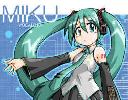 Rule 34 | 1girl, :o, aqua hair, arm at side, black skirt, blue background, blush, character name, collared shirt, copyright name, detached sleeves, furafura, grey shirt, hair between eyes, hair ornament, hatsune miku, headphones, headset, long hair, looking at viewer, microphone, miniskirt, necktie, outstretched arm, pleated skirt, shirt, simple background, skirt, solo, tattoo, twintails, upper body, vocaloid