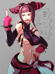 Rule 34 | 1girl, bad id, bad pixiv id, black hair, bracelet, breasts, capcom, chinese clothes, detached sleeves, drill hair, dudou, elbow gloves, gloves, halterneck, halterneck, han juri, jewelry, large breasts, middle finger, midriff, nail polish, oetaro, purple eyes, short hair, sideboob, solo, spiked bracelet, spikes, street fighter, street fighter iv (series), tongue, translated, twin drills, twintails, underboob