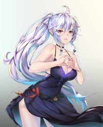 Rule 34 | 1girl, ahoge, armpit peek, backless dress, backless outfit, bare shoulders, belt, black choker, black dress, blush, bracelet, braid, breasts, choker, cleavage, collarbone, contrapposto, dress, embarrassed, gradient background, granblue fantasy, hair between eyes, heart, heart hands, highres, jewelry, kaiend, large breasts, long hair, looking at viewer, nose blush, ponytail, side braid, side slit, silva (gentian blue) (granblue fantasy), silva (granblue fantasy), silver hair, solo, spaghetti strap, trembling, twin braids, very long hair, yellow eyes
