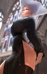 Rule 34 | 1girl, black thighhighs, blurry, blurry background, breasts, cathedral, church, highres, large breasts, original, rosary, thick thighs, thighhighs, thighs, wass nonnam, wimple