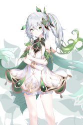 Rule 34 | 1girl, :/, arane (lolitwin), bangle, bare shoulders, bracelet, closed mouth, colored tips, cowboy shot, detached sleeves, dot nose, dress, floating hair, gem, genshin impact, green eyes, green gemstone, green hair, hair between eyes, hair ornament, highres, jewelry, leaf, leaf hair ornament, long hair, looking at viewer, multicolored hair, nahida (genshin impact), pointy ears, short dress, short sleeves, side ponytail, simple background, solo, standing, symbol-shaped pupils, thighs, two-tone hair, white background, white dress, white hair