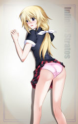 Rule 34 | 1girl, black shirt, blonde hair, bow, charlotte dunois, clothes lift, copyright name, from behind, hair bow, infinite stratos, kagura yuuto, leaning forward, long hair, looking at viewer, looking back, miniskirt, panties, pink panties, plaid, plaid skirt, pleated skirt, ponytail, purple eyes, red skirt, shirt, short sleeves, skirt, skirt lift, solo, standing, underwear, white bow