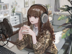 Rule 34 | 1girl, absurdres, brown eyes, brown hair, cup, elbows on table, hashimoto kokai, headphones, highres, holding, holding cup, indoors, keyboard (computer), long hair, microphone, mug, official art, open mouth, original, plaid, plaid shirt, plant, potted plant, shirt, solo, table, upper body, wavy hair