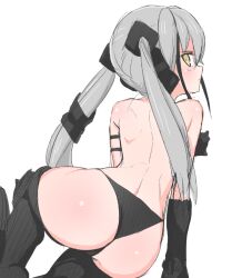 Rule 34 | 1girl, ass, back, black panties, commentary request, destroyer (girls&#039; frontline), from behind, girls&#039; frontline, gloves, grey hair, hair ornament, hiropon (hiroto21111), long hair, looking at viewer, mechanical legs, panties, sangvis ferri, simple background, solo, topless, twintails, underwear, white background, yellow eyes