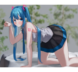 Rule 34 | 1girl, bad id, bad pixiv id, bare arms, bare shoulders, bed sheet, black skirt, blue eyes, blue hair, blue necktie, blurry, blurry background, blush, closed mouth, depth of field, feet out of frame, from side, grey shirt, hatsune miku, highres, long hair, looking at viewer, looking to the side, miniskirt, necktie, number tattoo, on bed, osanzi, paw pose, shirt, shoulder tattoo, sidelocks, skirt, sleeveless, sleeveless shirt, solo, tattoo, twintails, very long hair, vocaloid