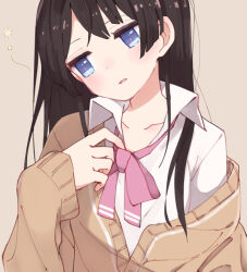 Rule 34 | 1girl, adjusting bowtie, averting eyes, blue eyes, blush, bow, bowtie, brown background, brown cardigan, brown hair, cardigan, collarbone, collared shirt, dot nose, long hair, long sleeves, looking to the side, nijisanji, off shoulder, open collar, open mouth, parted bangs, pink bow, pink bowtie, portrait, shirt, sidelocks, sideways glance, simple background, solo, sou (tuhut), straight hair, tsukino mito, virtual youtuber, white shirt