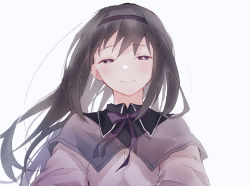Rule 34 | 1girl, akemi homura, black eyes, black hair, black hairband, capelet, close-up, closed mouth, commentary request, dot nose, flat chest, floating hair, grey capelet, hairband, half-closed eyes, happy, high collar, highres, blue background, light blush, light particles, light smile, long hair, long sleeves, looking at viewer, mahou shoujo madoka magica, mahou shoujo madoka magica (anime), mochi927, neck ribbon, outstretched arms, purple ribbon, reaching, reaching towards viewer, ribbon, simple background, solo, straight hair, tareme, upper body