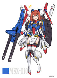 Rule 34 | 1girl, blush, breasts, clenched hand, gloves, grey gloves, gun, gundam, gundam zz, high heels, highres, holding, holding gun, holding weapon, i.takashi, looking at viewer, mecha musume, medium breasts, medium hair, open mouth, orange hair, pelvic curtain, personification, pink eyes, revision, smile, solo, weapon, white background, zz gundam