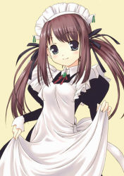 Rule 34 | 1girl, blue eyes, brown hair, jewelry, maid, murakami suigun, simple background, smile, solo, twintails