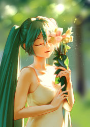 Rule 34 | 1girl, alternate costume, aqua hair, blurry, blurry background, breasts, careful x, chromatic aberration, closed mouth, dress, flower, glint, hair between eyes, hatsune miku, highres, holding, holding flower, light, light particles, long hair, small breasts, solo, sundress, twintails, upper body, vocaloid