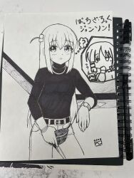 Rule 34 | 3girls, ?, alternate breast size, art tools in frame, belt, bocchi the rock!, cosplay, covering own mouth, cube hair ornament, denim, fanny pack, finalcake, gotoh hitori, greyscale, hair behind ear, hair ornament, hand over own mouth, highres, ijichi nijika, jeans, leaning to the side, looking at viewer, marker (medium), mole, mole under eye, monochrome, multiple girls, one side up, pants, photo-referenced, photo (medium), pun, real life, sweater, the rock (dwayne johnson), the rock (dwayne johnson) (cosplay), thought bubble, traditional media, turtleneck, turtleneck sweater, yamada ryo