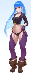 Rule 34 | 1girl, absurdres, angel (kof), artist request, blue hair, breasts, cleavage, cosplay, highres, kula diamond, legs, long hair, looking at viewer, medium breasts, midriff, navel, open mouth, red eyes, snk, the king of fighters, thick thighs, thighs