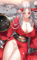 Rule 34 | 1girl, absurdly long hair, absurdres, bare shoulders, breasts, cleavage, closed mouth, collarbone, commentary request, forehead, grey hair, highres, horns, japanese clothes, kimono, large breasts, long hair, long sleeves, mole, mole under mouth, obi, off shoulder, original, parted bangs, pointy ears, red eyes, red kimono, sash, smile, solo, very long hair, wakamezake, yuuji (yukimimi)