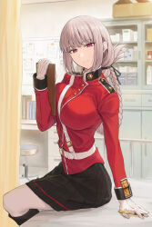 Rule 34 | 1girl, belt, black skirt, braid, braided ponytail, breasts, buttons, clipboard, commentary request, fate/grand order, fate (series), florence nightingale (fate), folded ponytail, gloves, highres, jacket, kamo ashi, large breasts, long hair, long sleeves, looking at viewer, military jacket, military uniform, pantyhose, pen, pink hair, pleated skirt, red eyes, red jacket, sitting, skirt, solo, uniform, white gloves, white pantyhose