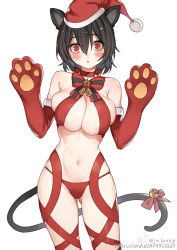 Rule 34 | 1girl, animal ears, animal hands, bare shoulders, bell, bikini, black hair, blush, bow, breasts, cat ears, cat tail, choker, cleavage, covered erect nipples, cowboy shot, elbow gloves, fur trim, gloves, gluteal fold, haijin, hair between eyes, hat, large breasts, looking at viewer, navel, original, paw gloves, red bikini, red eyes, red gloves, red thighhighs, ribbon choker, santa hat, short hair, simple background, slit pupils, solo, swimsuit, tail, tail bell, tail bow, tail ornament, thighhighs, watermark, web address, white background, wide-eyed