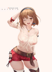 Rule 34 | 1girl, arm behind head, atelier (series), atelier ryza, atelier ryza 1, aztodio, bare shoulders, black ribbon, blush, boots, breasts, brown eyes, brown footwear, brown hair, collarbone, covered erect nipples, hair between eyes, hairband, highres, jewelry, large breasts, leather belt, looking at viewer, navel, necklace, nipples, one eye closed, open mouth, red shorts, reisalin stout, ribbon, see-through, short hair, short shorts, shorts, smile, solo, star (symbol), star necklace, thick thighs, thigh boots, thighhighs, thighs