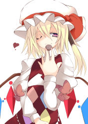 Rule 34 | 1girl, blonde hair, female focus, flandre scarlet, hat, heart, highres, purple eyes, simple background, smile, solo, sukage, touhou, white background