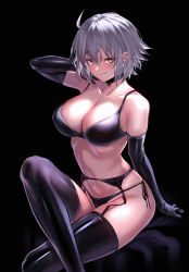 Rule 34 | 1girl, absurdres, ahoge, arm behind head, arm support, arm up, bare shoulders, black background, black bra, black gloves, black panties, black thighhighs, blush, bra, breasts, cleavage, closed mouth, collar, collarbone, crossed legs, earrings, elbow gloves, fate/grand order, fate (series), garter belt, garter straps, gloves, highres, huge filesize, jeanne d&#039;arc (fate), jeanne d&#039;arc alter (avenger) (fate), jeanne d&#039;arc alter (fate), jewelry, lingerie, lips, looking at viewer, medium breasts, navel, panties, panties over garter belt, shiny clothes, short hair, side-tie panties, silver hair, simple background, sitting, smile, solo, stomach, thighhighs, thighs, ulrich (tagaragakuin), underwear, underwear only, yellow eyes