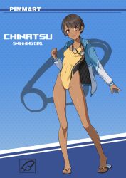 1girl black_hair blue_background breasts commentary_request competition_swimsuit dark-skinned_female dark_skin full_body goggles goggles_around_neck grey_eyes highleg highleg_one-piece_swimsuit highres jacket multicolored_clothes multicolored_jacket one-piece_swimsuit original pimm_(chiramegd) sandals short_hair small_breasts smile solo swimsuit two-tone_jacket yellow_one-piece_swimsuit