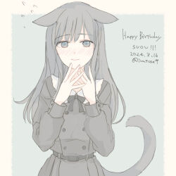 Rule 34 | 1girl, animal ears, belt, black dress, blush, bow, bowtie, cat ears, cat girl, cat tail, closed mouth, dated, dress, ears down, flying sweatdrops, grey eyes, grey hair, hands up, happy birthday, inutose, long hair, long sleeves, looking at viewer, original, solo, straight-on, tail, twitter username, upper body