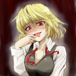 Rule 34 | 1girl, aged up, bad id, bad pixiv id, blonde hair, blush, breasts, cleavage, embodiment of scarlet devil, ex-rumia, fangs, female focus, large breasts, mizukiri, naughty face, necktie, open clothes, open shirt, rape face, red eyes, rumia, saliva, shirt, short hair, sketch, solo, tongue, touhou, you gonna get raped