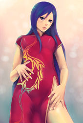 Rule 34 | 1990s (style), 1girl, bad id, bad pixiv id, blue hair, breasts, china dress, chinese clothes, dress, faris scherwiz, final fantasy, final fantasy v, itori (clarice note), lips, long hair, monk, purple eyes, red dress, side slit, solo, sweat