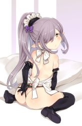Rule 34 | 1girl, apron, ass, bed sheet, black footwear, black gloves, black panties, black thighhighs, blush, bow, bow panties, brown eyes, closed mouth, clothing aside, commentary request, elbow gloves, gloves, granblue fantasy, hair bow, hair over one eye, harvin, high ponytail, loafers, long hair, looking at viewer, looking back, nearly naked apron, niyon (granblue fantasy), panties, panties aside, pillow, pointy ears, ponytail, purple bow, purple hair, rkrk, shoes, shoulder blades, sidelocks, signature, sitting, solo, thighhighs, topless, underwear, very long hair, wariza, wedgie, white apron, white bow