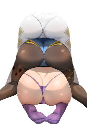 Rule 34 | 3girls, artist request, ass, ass focus, butt crack, cameltoe, from behind, genshin impact, huge ass, jean (genshin impact), leotard, lisa (genshin impact), mona (genshin impact), multiple girls, pants, pantyhose, stacking, thick thighs, thighhighs, thighlet, thighs, thong