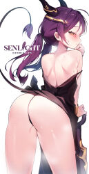 Rule 34 | 1girl, absurdres, ahoge, artist name, ass, back, black dress, black panties, blush, commission, demon girl, demon horns, demon tail, dress, hair ornament, highres, horns, leaning, looking at viewer, looking back, original, panties, purple hair, sen light, shoulder blades, simple background, standing, steam, tail, thighs, twintails, underwear, weapon, white background, yellow eyes