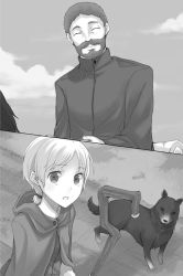 Rule 34 | 1boy, 1girl, ayakura juu, beard, cape, dog, enekk, closed eyes, facial hair, greyscale, holding, holding staff, horse, looking up, monochrome, monochrome, mustache, nora arento, novel illustration, official art, open mouth, outdoors, riding, shirt, short hair, short ponytail, spice and wolf, staff, standing