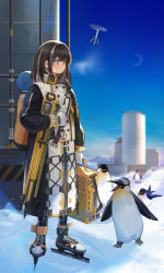 Rule 34 | 1girl, absurdres, arknights, backpack, bag, bird, blue sky, brown eyes, brown hair, coat, drone, earrings, gloves, goggles, highres, ice skates, jewelry, magallan (arknights), minamayumi, multicolored hair, penguin, skates, sky, snow, solo, streaked hair, tripod, white gloves, winter clothes, winter coat