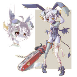 Rule 34 | 1girl, ahoge, animal ears, ankle boots, arm up, armpits, bandages, bare shoulders, bat wings, blood, blue skin, boots, buckle, chain, chainsaw, collar, colored skin, corkscrew, demon tail, electrodes, fake animal ears, fingerless gloves, gloves, heterochromia, highres, homunculus (monster girl encyclopedia), horns, katahira masashi, knife, leotard, monster girl, monster girl encyclopedia, open mouth, original, pale skin, patch, playboy bunny, purple skin, rabbit ears, scar, scar across eye, scar on face, scar on neck, screw, short hair, standing, staple, staples, stitches, swiss army knife, swiss knife, tail, white hair, wings, zipper, zombie