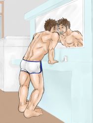Rule 34 | 1boy, abs, bathroom, black hair, brushing teeth, itto (mentaiko), male focus, mirror, muscular, original, toothbrush