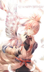 Rule 34 | 1boy, artist name, atoatto, bird, feathered wings, feathers, fire emblem, fire emblem fates, fur trim, gloves, grey hair, happy birthday, long hair, male focus, nintendo, open mouth, ponytail, simple background, solo, takumi (fire emblem), white background, wings, yellow eyes