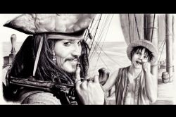 Rule 34 | 2boys, aes-kawa, barrel, crossover, dreadlocks, facial hair, gun, hat, jack sparrow, jewelry, male focus, monkey d. luffy, monochrome, multiple boys, mustache, one piece, open clothes, open mouth, open vest, pirate hat, pirates of the caribbean, ring, scar, ship, straw hat, third-party source, vest, watercraft, weapon