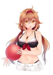 1girl absurdres amot_211 ball beachball bikini bikini_under_shorts black_bikini breasts brown_eyes brown_hair hair_flaps hairband highres kantai_collection long_hair looking_at_viewer low_twintails medium_breasts navel official_alternate_costume open_mouth red_hairband sailor_bikini sailor_collar shiratsuyu_(kancolle) shiratsuyu_(swimsuit)_(kancolle) shiratsuyu_kai_ni_(kancolle) shorts solo swimsuit twintails very_long_hair whistle whistle_around_neck white_shorts