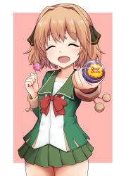 Rule 34 | 1girl, ^ ^, blush, candy, chupa chups, closed eyes, food, green jacket, green sailor collar, green skirt, hachijou (kancolle), hair ribbon, highres, holding, holding candy, holding food, holding lollipop, jacket, kantai collection, light brown hair, lollipop, long sleeves, mmt uf, open mouth, pleated skirt, pom pom (clothes), red neckwear, ribbon, sailor collar, short hair, simple background, skirt, solo