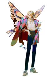 Rule 34 | 1boy, black pants, blonde hair, blue eyes, blue wings, bug, butterfly, butterfly wings, coat, coat on shoulders, fate/grand order, fate (series), full body, highres, howl (howl no ugoku shiro), howl no ugoku shiro, insect, insect wings, light smile, oberon (fate), orange wings, pants, patterned clothing, shirt, simple background, studio ghibli, white background, white shirt, wings, xuanllli