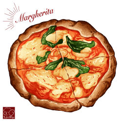 Rule 34 | artist logo, basil leaf, cheese, food, food focus, food name, highres, margherita pizza, no humans, original, pizza, tomato sauce, yuki00yo