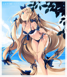 Rule 34 | 1girl, argyle, argyle bikini, argyle clothes, armband, arms behind back, bare legs, bare shoulders, beach, bikini, blonde hair, blue eyes, bow, breasts, collarbone, day, hair bow, hair over one eye, hair ribbon, hairband, leaf, leaning forward, long hair, looking at viewer, navel, oyeung, pandora (p&amp;d), puzzle &amp; dragons, ribbon, shadow, side-tie bikini bottom, simple background, smile, solo, swimsuit, very long hair