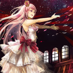 Rule 34 | 1girl, bow, cross, crown, dress, frills, jewelry, lips, long hair, megurine luka, nail polish, necklace, open mouth, outstretched arms, pink eyes, pink hair, pink nails, sakuragi kei, sleeveless, sleeveless dress, smile, solo, striped, vocaloid, white dress, wind, window